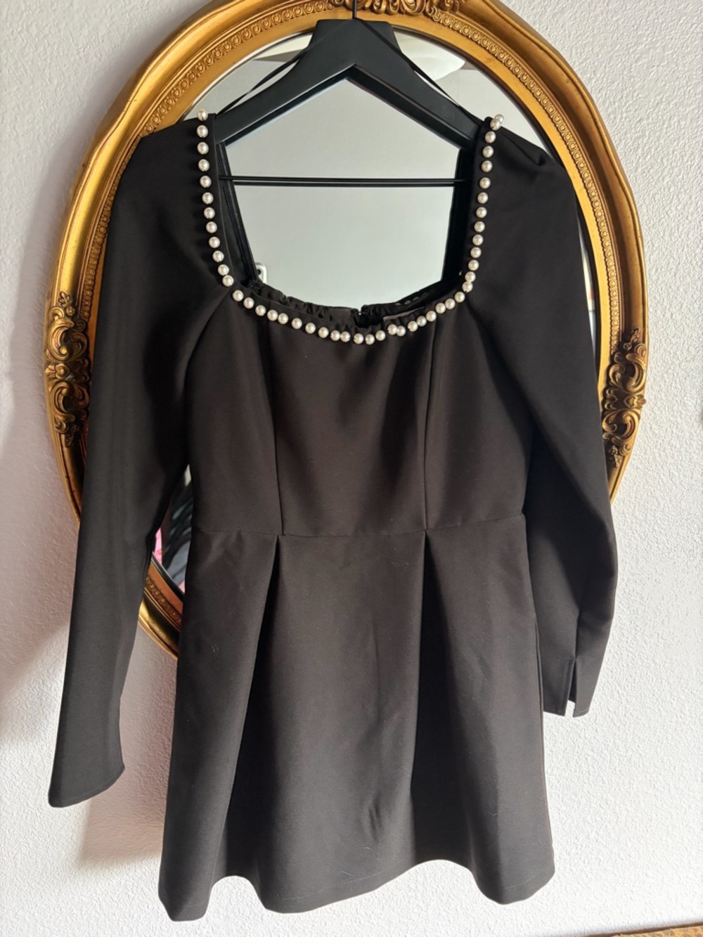 Pearl-Trim Black Long-Sleeve Women's Dress